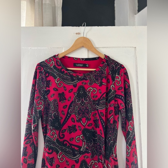 Ralph Lauren Black Label Long Sleeve Red Paisley Jersey Knit Ruched Dress 10 - Picture 3 of 5